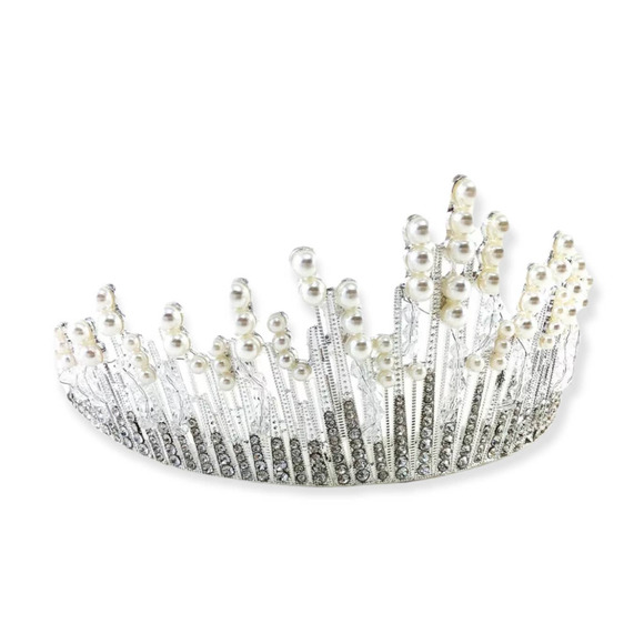 Pearl Bead Clear Silver Tone Metal Tiara Crown Bridal Elegant Rhinestone - Picture 1 of 6